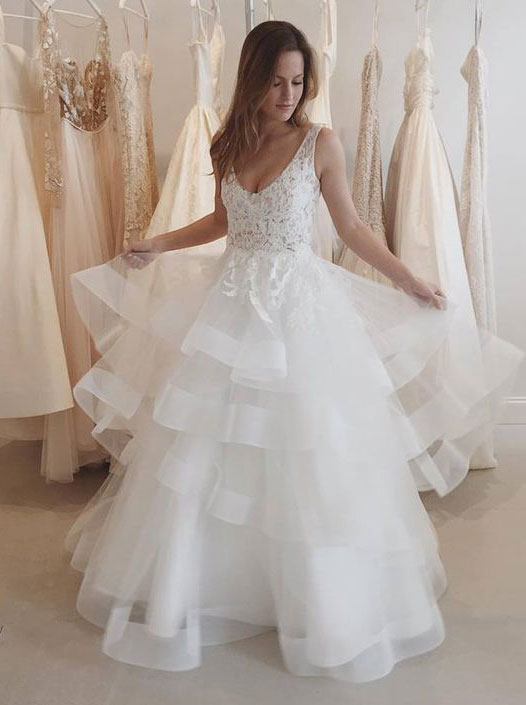 White v neck lace tulle long prom gown, white evening dress