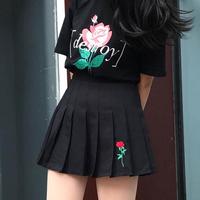 Rose Embroidered A-line Pleated Skirt - Thumbnail 1