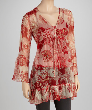 Red & Off-White Sheer Beaded Tunic