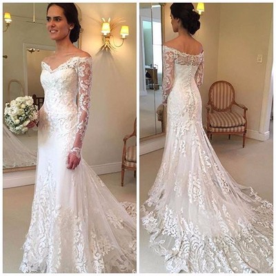 Vestido De Noiva Lace Wedding Dress V-Neck Long Sleeve Button Sweep Train Applique Wedding Gowns Mermaid Wedding Dress Bride Dresses
