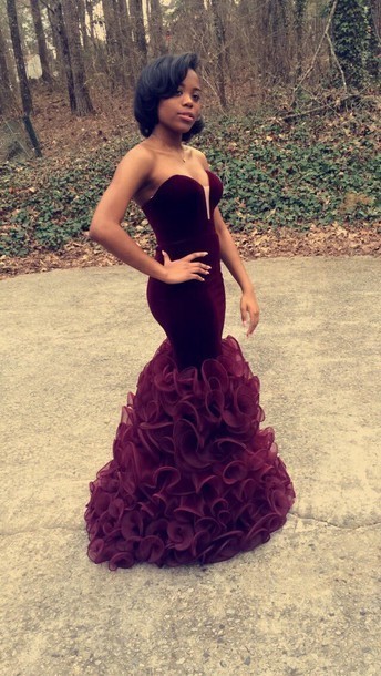Black Girl Prom Dress New African Velvet Burgundy Royal Black Black Mermaid Prom Dresses Organza Ruffles Long Prom Party Dress