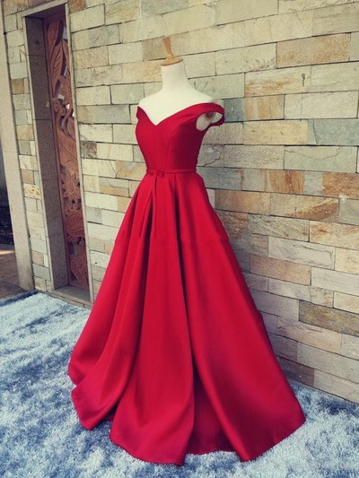 Elegant Red prom Dress A-line Off the Shoulder Satin Long Prom Dresses Evening Dresses