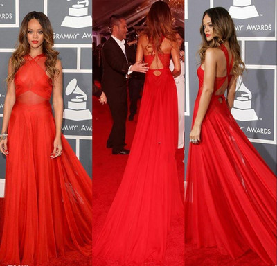 55th Grammy Rihanna Prom Dresses Red High Neck Open Back Red Carpet Celebrity Dresses Red Sheer Chiffon Evening Dress Celebrity Prom Dress