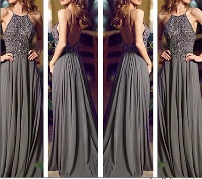 Gray Long Prom Dresses, Straps Prom Gowns,Beaded Evening Dresses, Backless Evening Gowns, Cocktail Dresses Custom