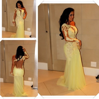 Sexy One Shoulder Prom Dress with Long Sleeves Sexy Sheer Back Mermaid Yellow Prom Dress/Evening Dress/ Lace Floral Applique Party Dress