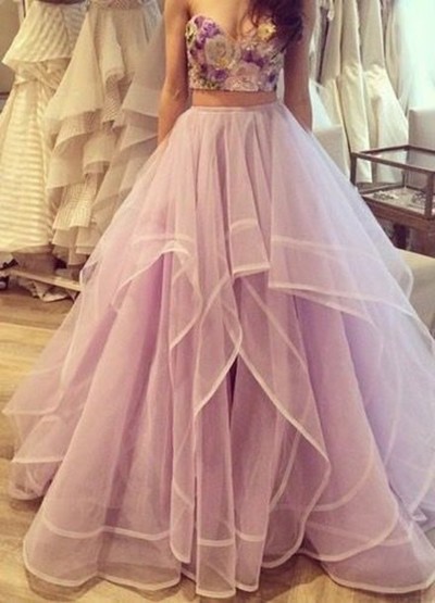 Two Piece Prom Dress Light Lavender Tulle Two Piece Prom Gown Embellished With Embroidery Floral Print