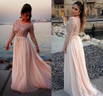 Custom Made A Line Boat Neck Pink Long Sleeves Prom Dresses,See Through Floor Length Beadings Prom Gown, Handmade Evening Dress,Long Formal Women Dres