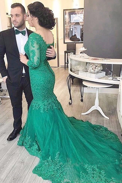 Long Mermaid Prom Dresses,3/4 Sleeves Long Formal Gowns,Green Tulle Evening Dresses,Long Party Dresses,Long Women Dresses for Prom,V Neck Pageant Dres