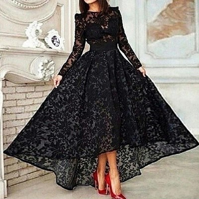 Prom Dress Vestido Black Hi-lo Long Sleeves Prom Dresses Sheer Lace Evening Gowns Formal Dresses Plus Size
