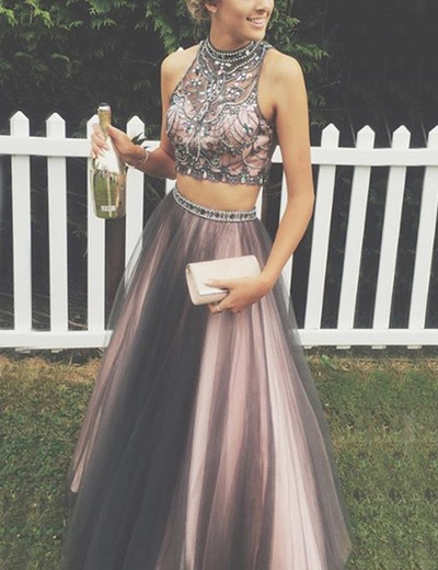 Two Pieces Prom Dresses,High Neck Prom Dresses,Beaded Prom Dresses,Open Back Prom Dress,Long Prom Dresses,Long Party Dresses for Teens,Long Two Pieces