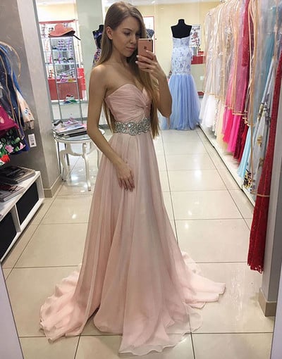 Beaded Pink Sweetheart Prom Dress,Chiffon Formal Gown,Long Party Dress With Draped Bodice