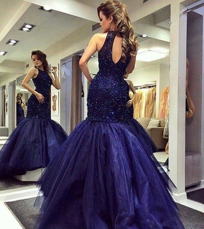 Dark Navy Prom Dress, Mermaid Prom Dress, Sexy Prom Dress, Floor-length Prom Dress, Sleeveless Prom Dress, Mermaid Evening Dress