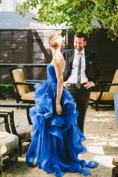 Sexy Prom Dresses,Hi-lo Runched Sweetheart Royal Blue Wedding Dress with Horsehair Trim Party Gown