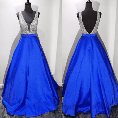 Luxury Royal Blue Prom Dress Mermaid Deep V-neck Beads Evening Dress
