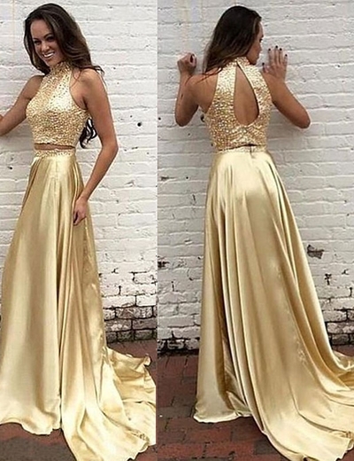 Luxury Bling Two Pieces Prom Dress Beads Pearls Open Back 2 Piece Prom Dresses Party Dress