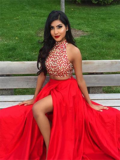 Two Pieces Prom Dress,High Neck Prom Dress,Side Silt Prom Dress,Sexy Prom Dress,Red Evening Dress , Party Dresses,Long Prom Dress,New Style Prom Gown