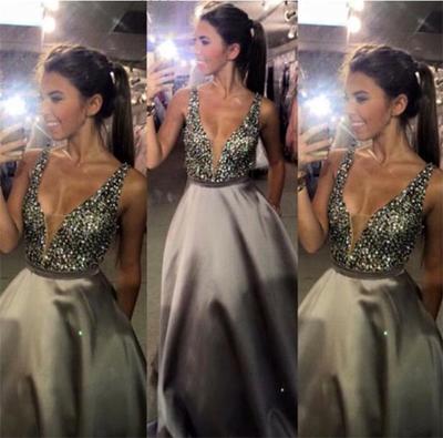 Luxury Bling Sparkle Prom Dress Grey Deep V-neck Beaded Long Satin Prom Dresses Evening Dress Party Dress Formal Gown