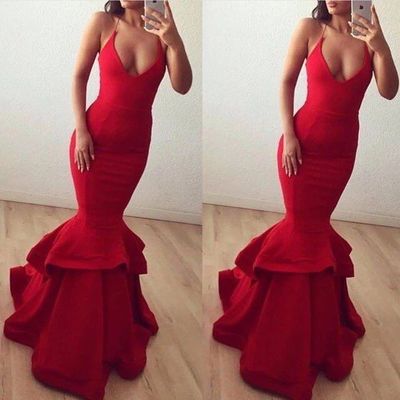 Sexy Red Prom Dress Evening Dress V-neck Mermaid Satin Long Prom Dresses Formal Evening Party Dress
