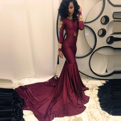 Sexy Black Girl Prom Dress Burgundy Long Sleeve Mermaid Prom Dress Gold Appliques Long Train Skirts Formal Evening Occasion Dresses