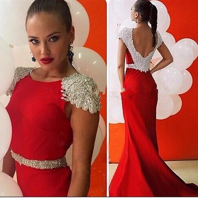 Charming Satin Prom Dress Beaded Red Mermaid Long Evening Dresses Robe De Soiree Backless Court Train evening dress