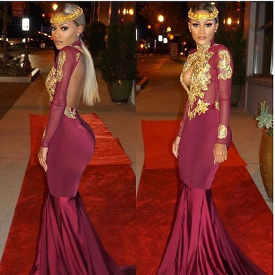 Sexy Black Girl Prom Dress Evening Dress Burgundy High Neck with Golden Appliques Open Back Long Prom Dresses