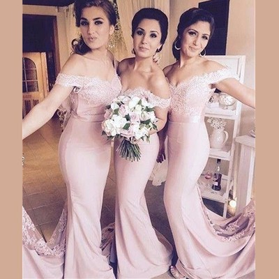 Pink Cap Sleeve Lace Wedding Party Dress Mermaid Sweep Train Bridesmaid Dresses