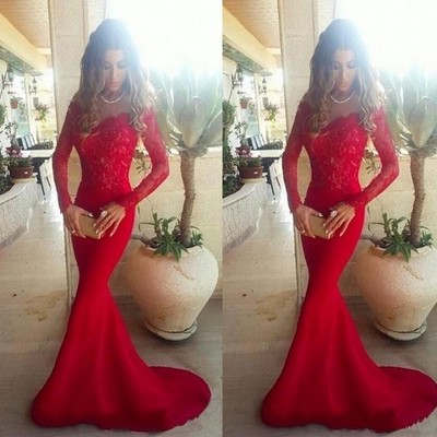 Popular Red Prom Dresses Mermaid Off The Shoulder Long Sleeve Full Length Prom Dress With Lace Bodice