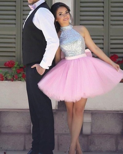 Cute Mini Short Prom Dresses High Neck Light Pink Tulle Sequins Mini Junior Cocktail Party Dres