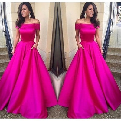 Fushia A Line Prom Dress Evening Dresses Off The Shoulder Prom Dress Short Sleeve Floor Length Evening Dress Prom Dresses
