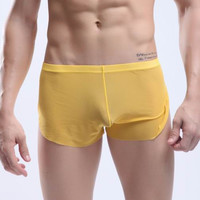 Yellow Men's sexy underwear transparent mesh gauze breathable boxer briefs #M14-3 - Thumbnail 1