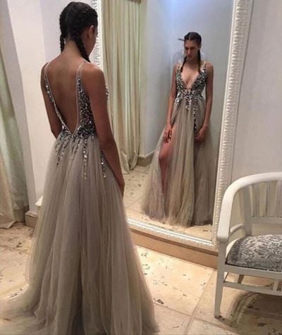 Sexy Light Grey Luxury Prom Dress Evening Dress Deep V-neck High Split Backless Long Evening Dress