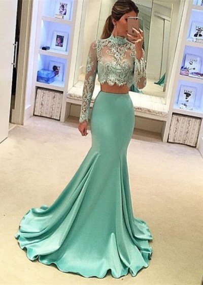 Popular Two Pieces Prom Dress,Lace Beading Evening Dress,Long Sleeves Party Dress