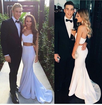 2017 Long Prom Dress, White Mermaid Sleeveless Evening Dress,Two Pieces Prom/Party Dress
