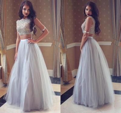 Charming Two Pieces Prom Dress,Beading Evening Dress,Tulle Chiffon Prom Dress