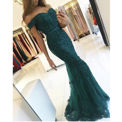 Emerald Green Off Shoulder Prom Dresses Modest Robe De Soiree Mermaid Style Beading Tulle Formal Evening Gowns Party Dress