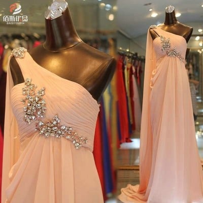 Elegant A Line Chiffon Crystal Long Prom Dress One Shoulder Sleeveless Floor Length Formal Party Evening Gowns Dresses