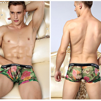 2PK Manview Men's sexy underwear green rose pattern transparent mesh gauze breathable boxer briefs underpants #M371 - Thumbnail 3