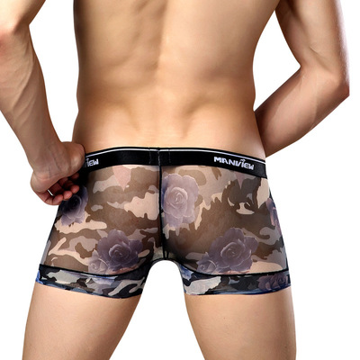 Manview 2PK Gray rose pattern Men's sexy underwear transparent mesh gauze breathable boxer briefs underpants #M371