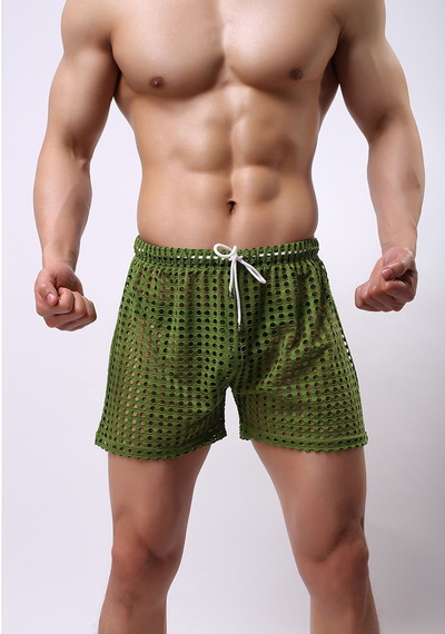 Green Sexy men's clothing transparent perforated holes drawstring shorts sleep bottoms #03ZK