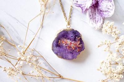 Real Dried Flowers and Resin Necklace, Purple Druzy Geode in Red Orange Purple