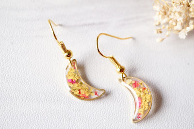 Real Dried Flowers and Resin Earrings, Gold Moons in Yellow and Red