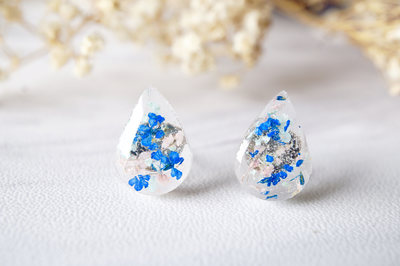 Real Dried Flowers and Resin Teardrop Stud Earrings in Pink Mint Blue