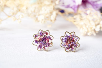 Real Dried Flowers and Resin Flower Stud Earrings in Purples