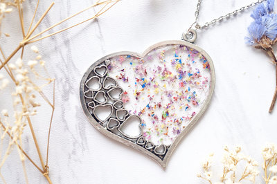 Real Dried Flowers in Resin Necklace, Big Silver Heart in Party Mix