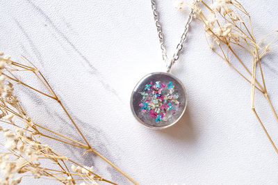 Real Dried Flowers in Resin Necklace, Thick Silver Circle in Magenta Teal White
