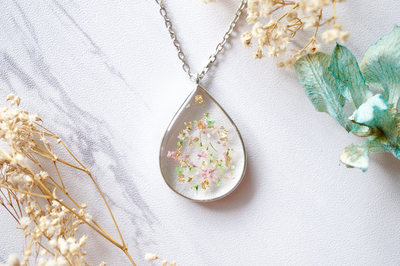Real Dried Flowers and Resin Necklace, Silver Teardrop in Pink White Green Gold Foil