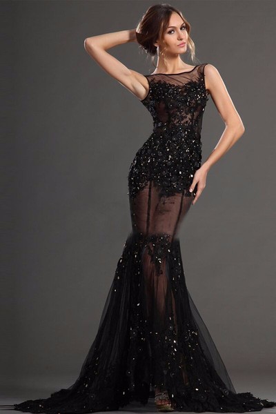 Black Crystal Vestidos de noche Largo mermaid Applique Sheer O-Neck Backless Sexy Long Evening Dresses New arrival