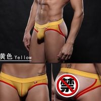 Yellow Men's sexy underwer hollow out mesh perforated holes briefs underpants panties #4003SD  - Thumbnail 1