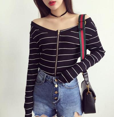 Off Shoulder Zipper Long Sleeve Stripe Shirts