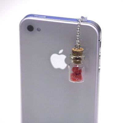 Kawaii LOVE BOTTLE with RED Hearts Iphone Earphone Plug/Dust Plug - Cellphone Headphone Handmade Decorations